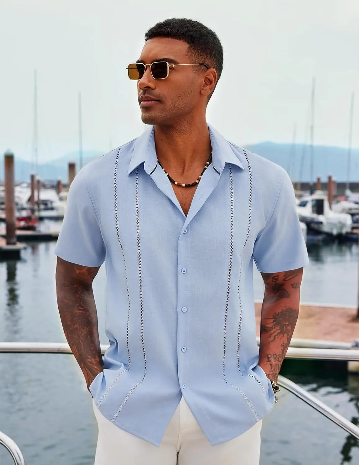 COOFANDY Men's Cuban Guayabera Shirt Casual Short Sleeve Button Down Shirts Summer Beach Shirts