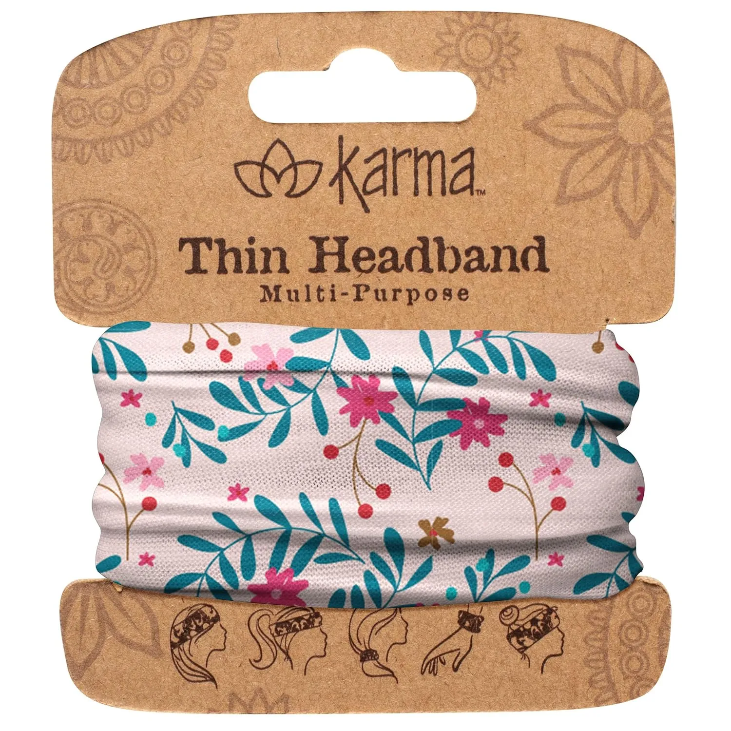 Karma Blush Floral Headband for Women - Thin - Fabric Headband and Stretchy Hair Scarf - Pink/Teal