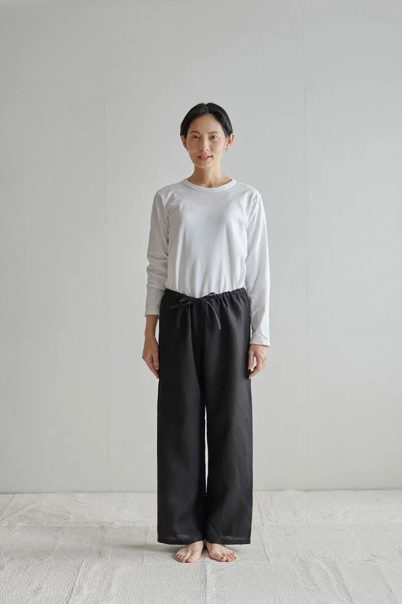 Linen Oise-Drawn String Pants Black