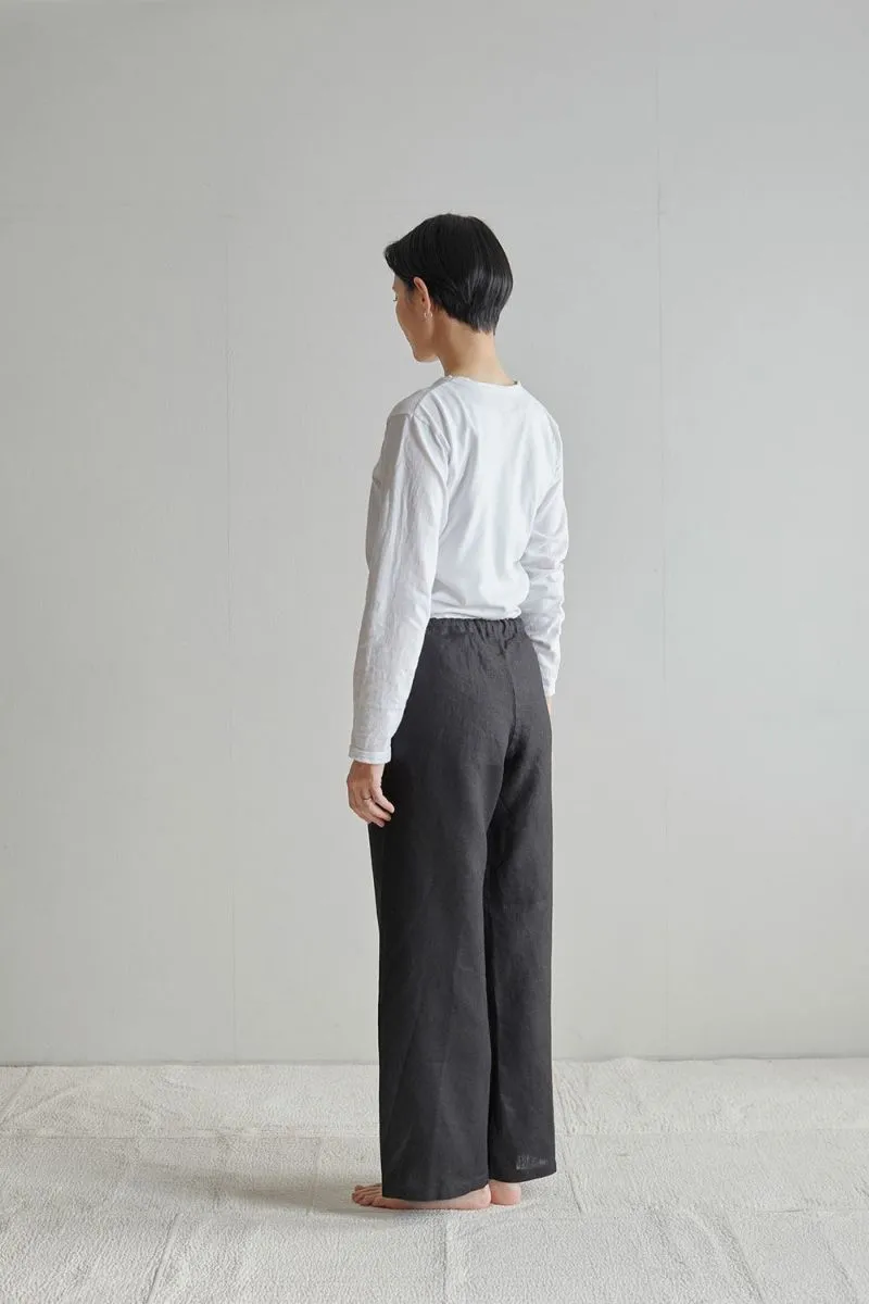 Linen Oise-Drawn String Pants Black