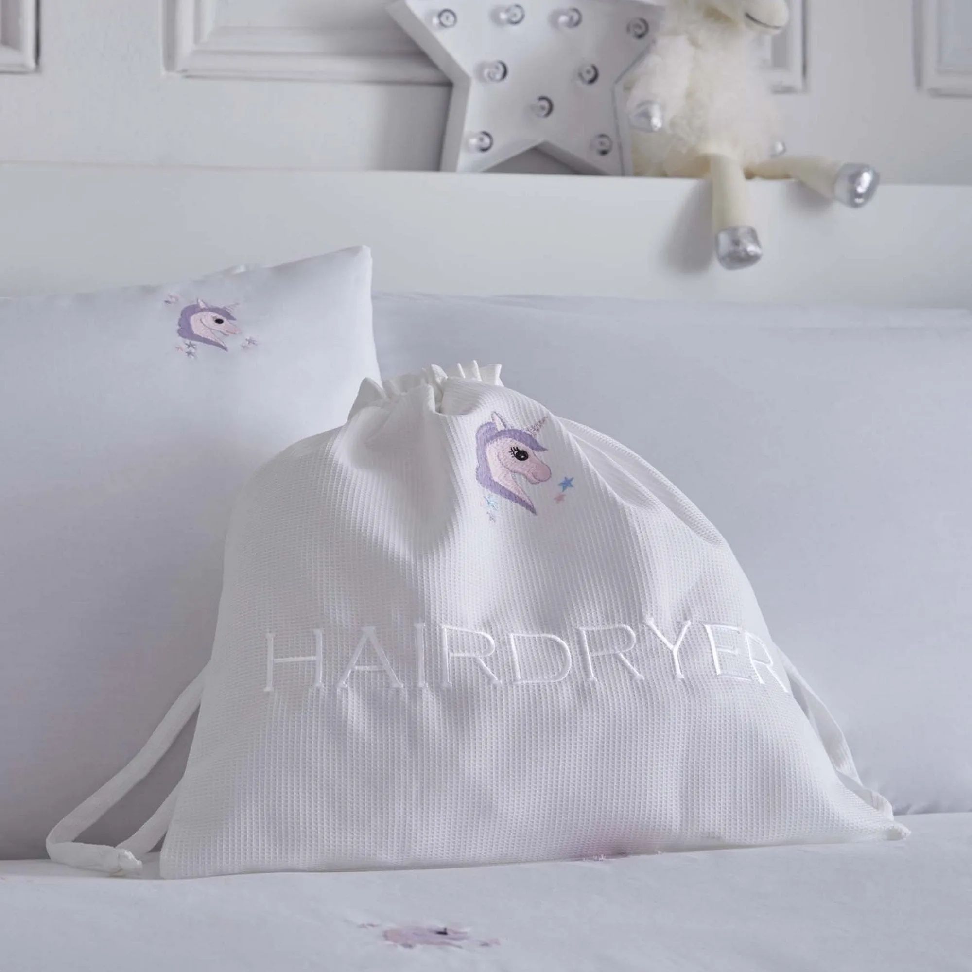 Unicorn Personalised Luxury Waffle Laundry, Hairdryer and Shoe Bag Collection