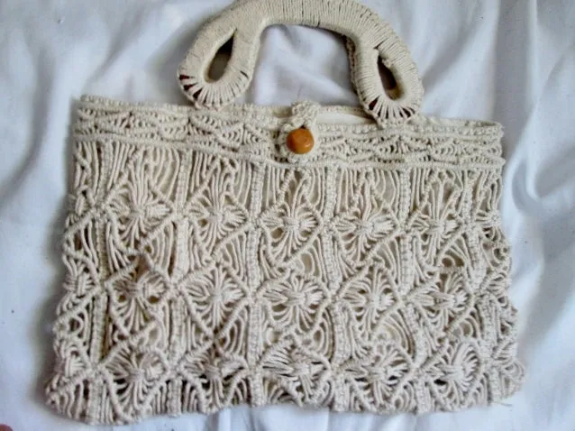 Vtg HANDMADE macrame crochet woven knit vegan clutch bag satchel purse WHITE string