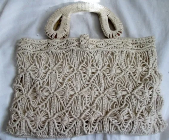 Vtg HANDMADE macrame crochet woven knit vegan clutch bag satchel purse WHITE string