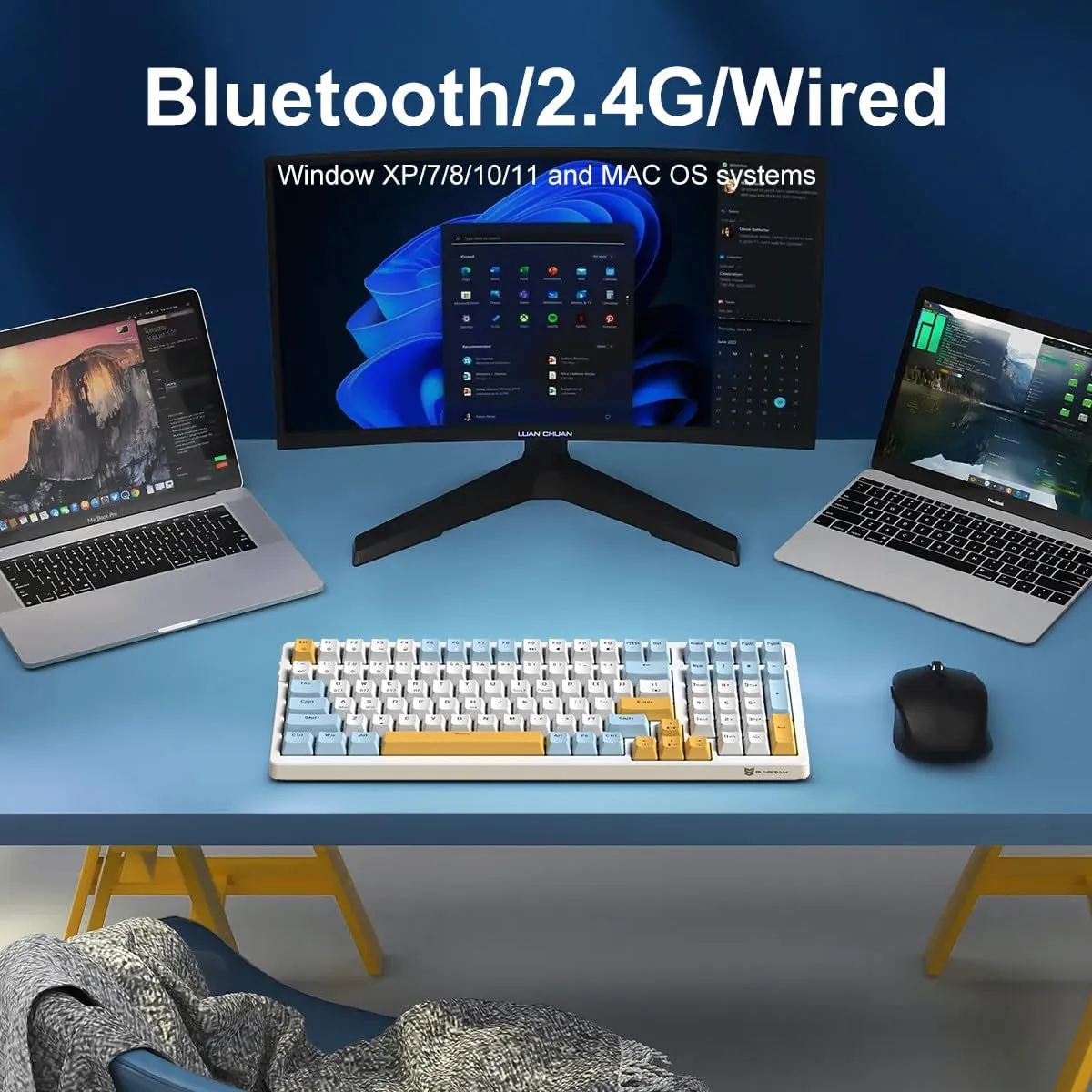 Wireless Mechanical Gaming Keyboard, Triple Mode 2.4G/USB-C/BT | 100 Keys Ice-Blue Backlit Brown Switch | Rechargeable | Ice Blue/W/Y