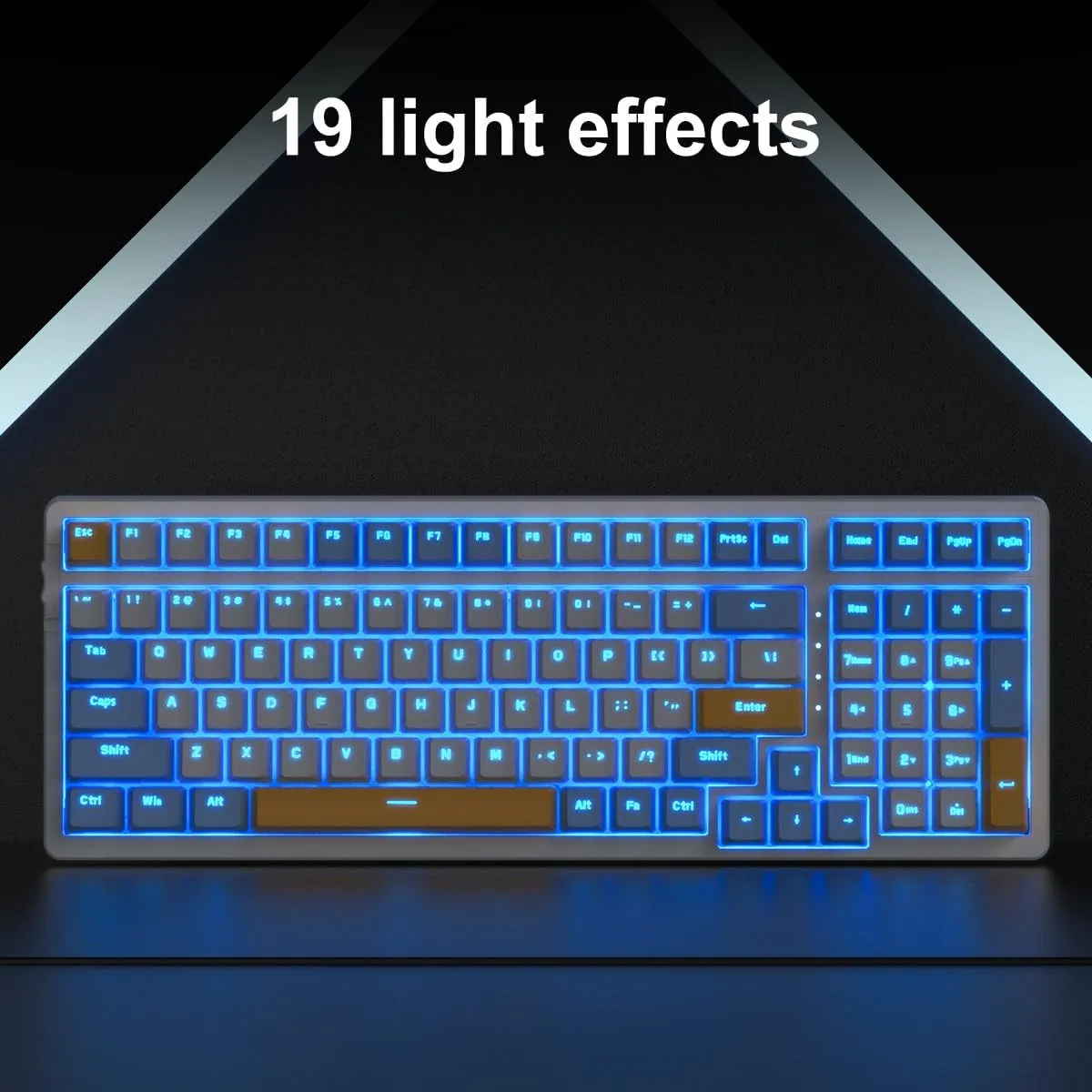 Wireless Mechanical Gaming Keyboard, Triple Mode 2.4G/USB-C/BT | 100 Keys Ice-Blue Backlit Brown Switch | Rechargeable | Ice Blue/W/Y