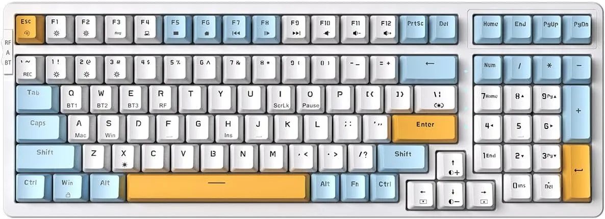 Wireless Mechanical Gaming Keyboard, Triple Mode 2.4G/USB-C/BT | 100 Keys Ice-Blue Backlit Brown Switch | Rechargeable | Ice Blue/W/Y