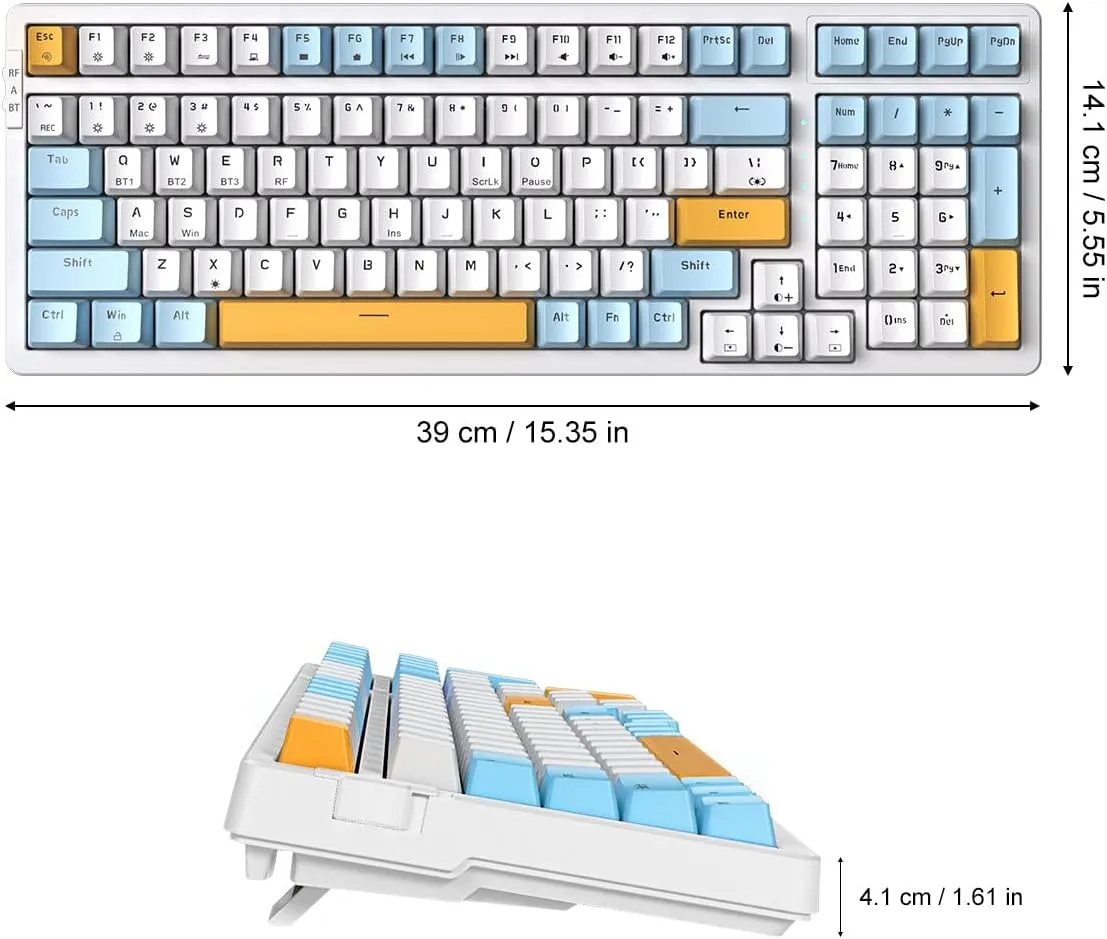 Wireless Mechanical Gaming Keyboard, Triple Mode 2.4G/USB-C/BT | 100 Keys Ice-Blue Backlit Brown Switch | Rechargeable | Ice Blue/W/Y