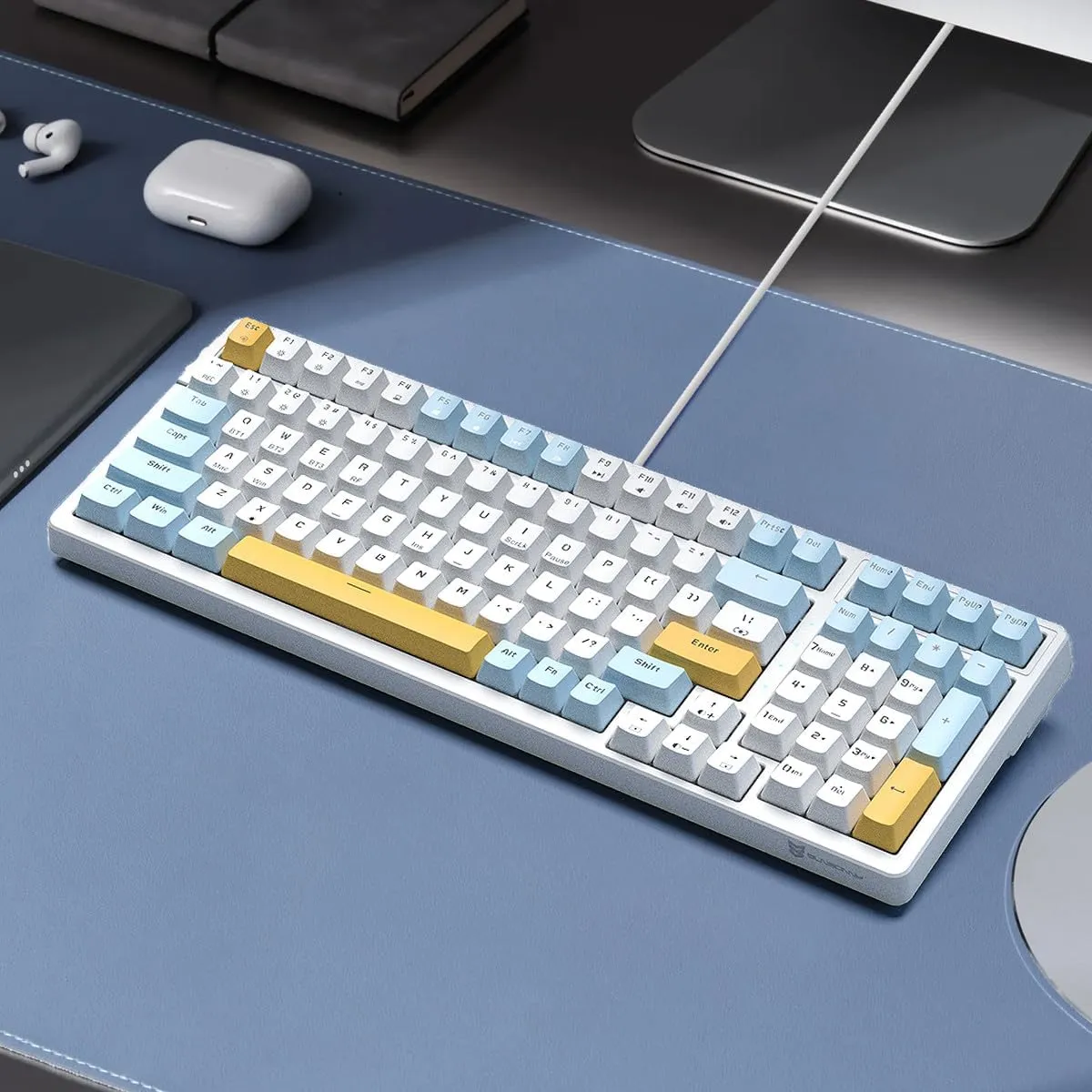 Wireless Mechanical Gaming Keyboard, Triple Mode 2.4G/USB-C/BT | 100 Keys Ice-Blue Backlit Brown Switch | Rechargeable | Ice Blue/W/Y